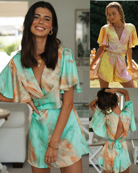 Women's Tie Dye Print Irregular V Neck Backless Tie Jumpsuit