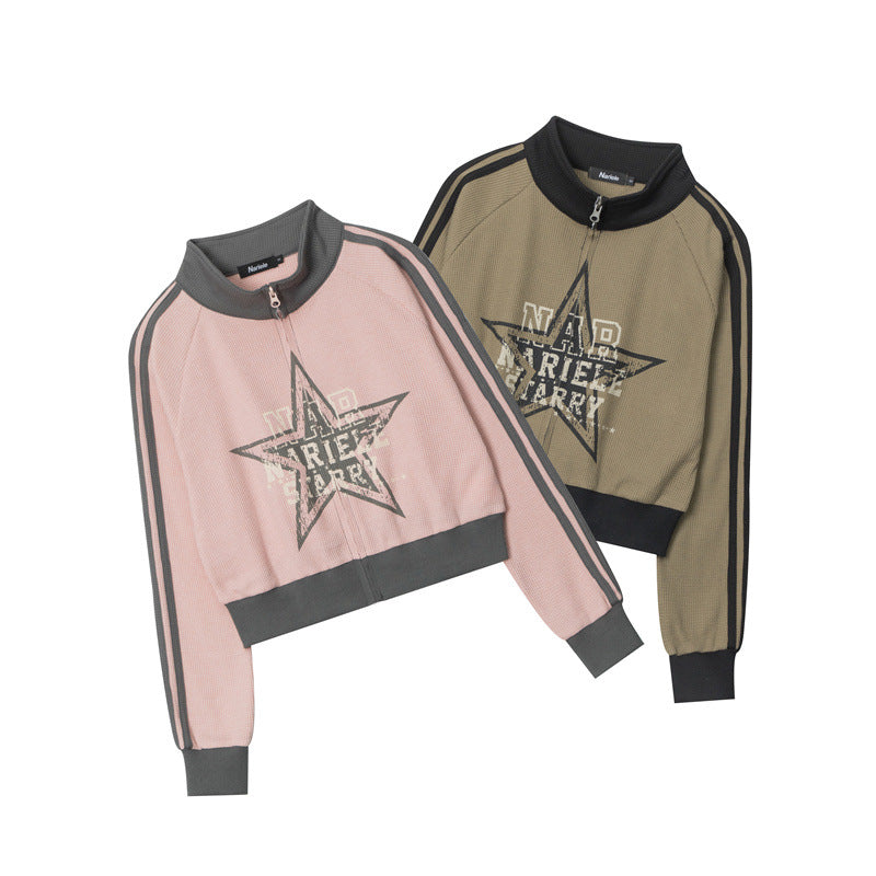 Five-pointed Star Pink American Retro Three-bar Sleeve Cardigan Stand Collar Sweater