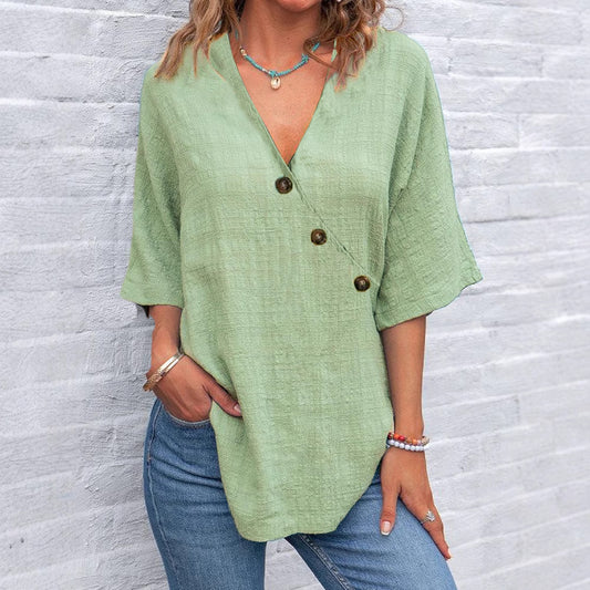 Solid Color Linen Button Women's Top