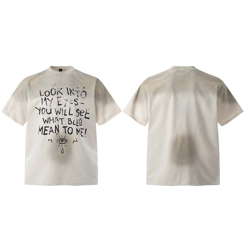 Retro Graffiti Letter Eye Printing Spray Painting Dirty Short Sleeve