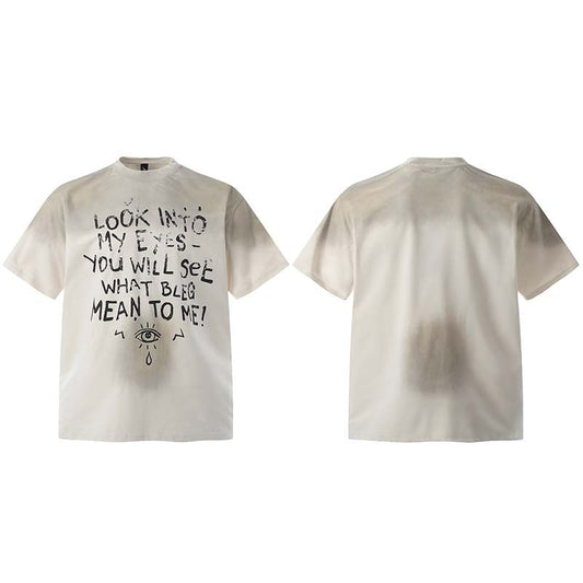 Retro Graffiti Letter Eye Printing Spray Painting Dirty Short Sleeve
