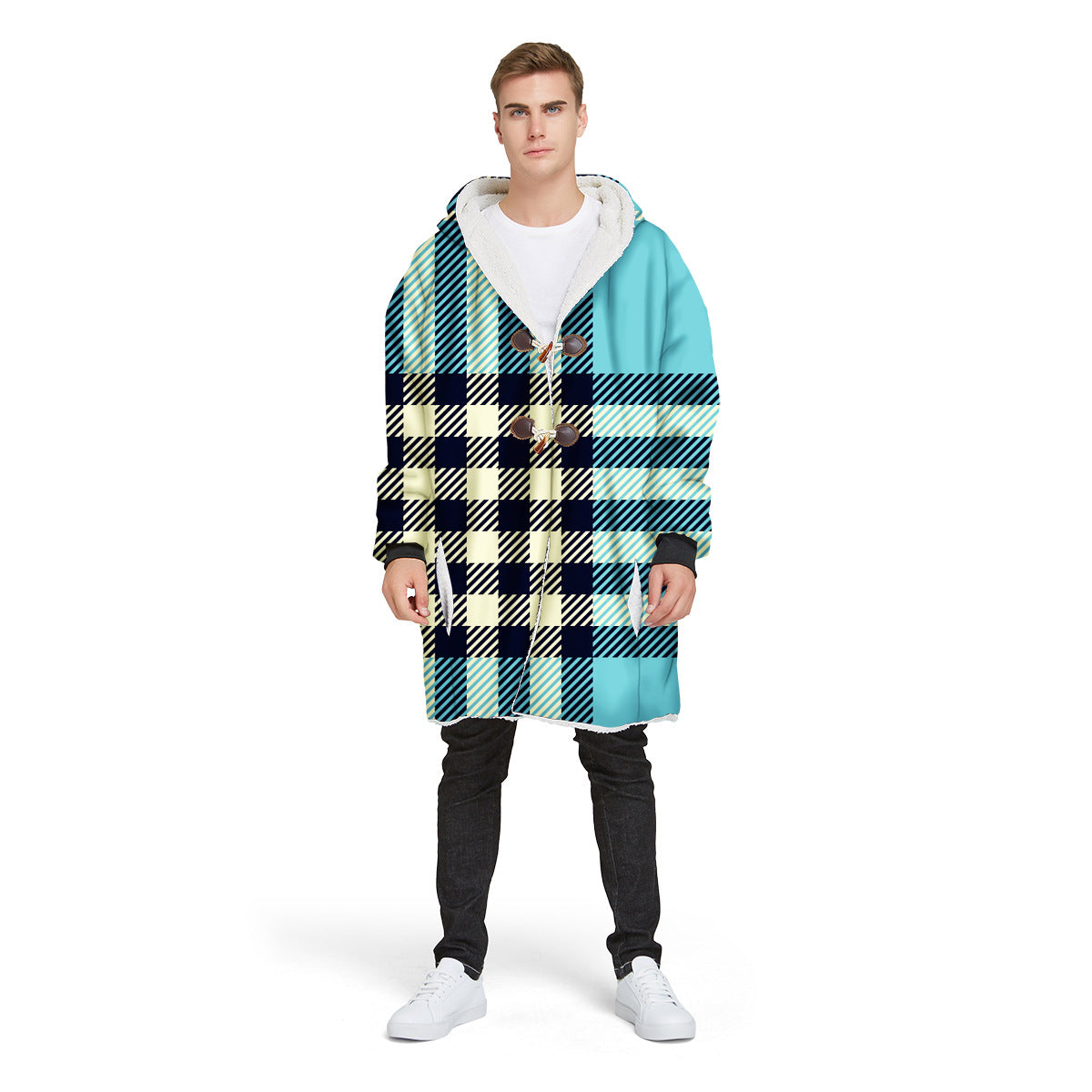 Fashion Plaid Men's Digital Printed Long Hooded Jacket