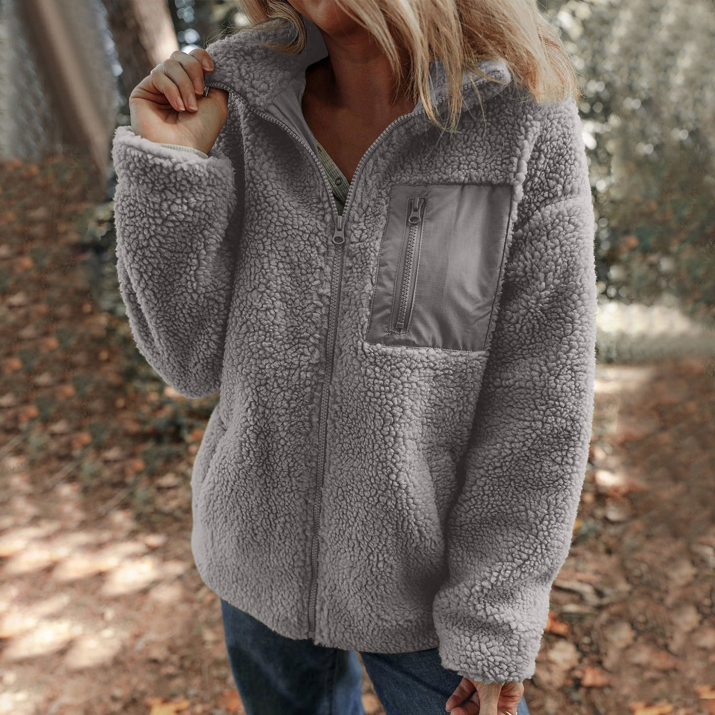 Lambswool Warm Fashion Solid Color Zipper Plush Coat