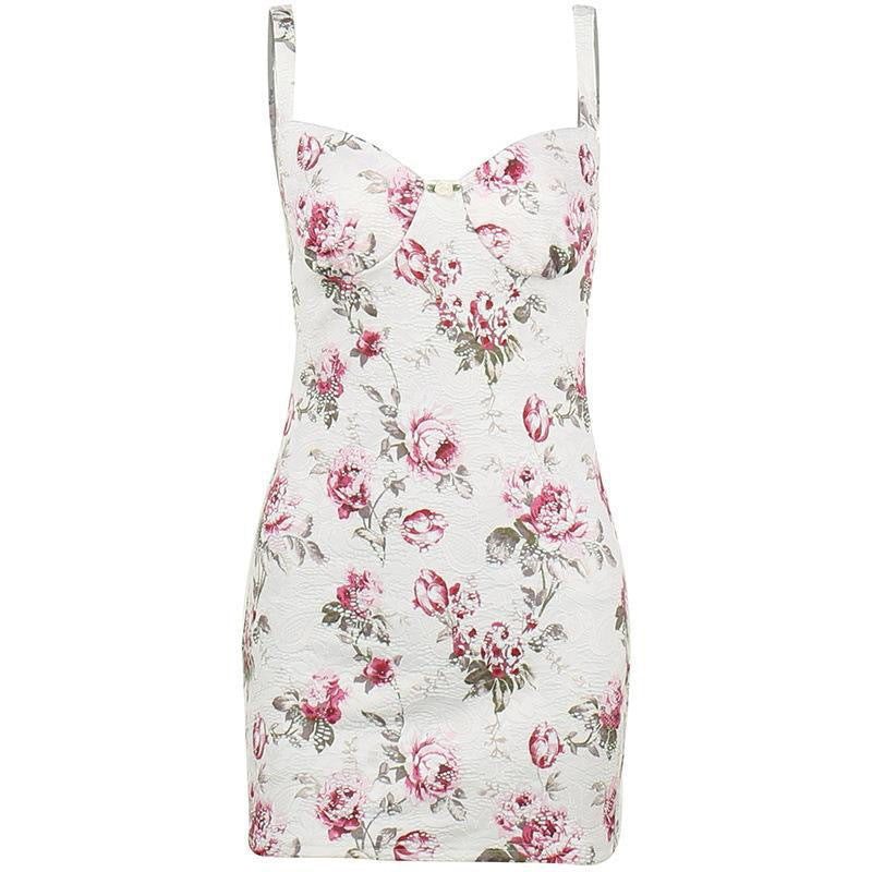 Womens Floral Print Deep V-Neck Suspender Dress