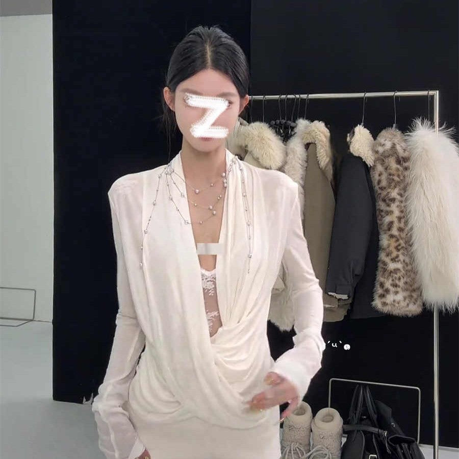 White Faux Two-piece Lace Boat-neck Long-sleeve Top