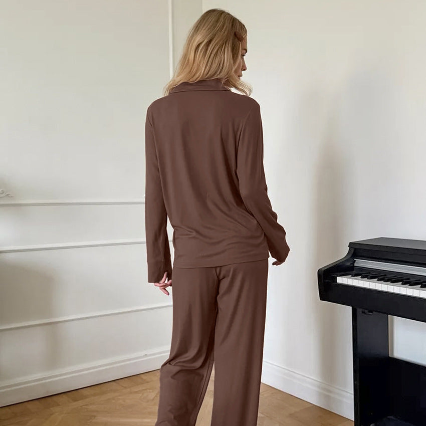 Knitted Pajama Set Long-sleeve Top And Long Pants In Brown Perfect For Fall And Winter