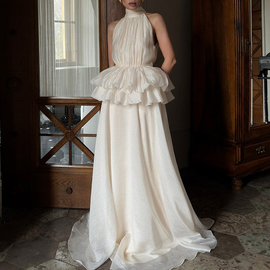Long Ruffled Dress Sleeveless Stand Collar Solid Color Dress