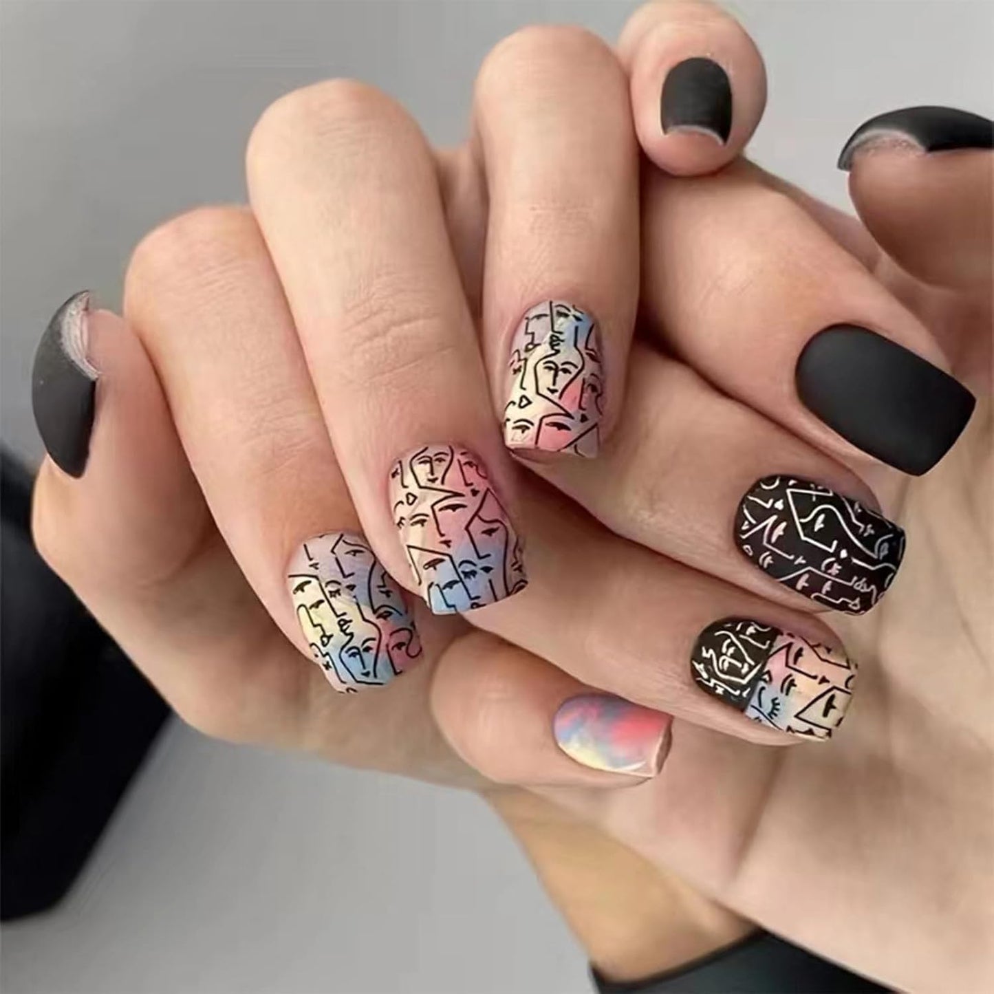 Press on Nails Medium Square Chrome Acrylic Glossy Glue on Artificial Squoval Aurora Pearl Flash Stick on False Nails with Design 24 Pcs