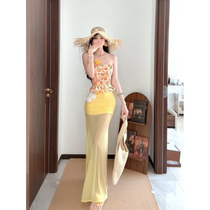 Elegant Printed Tube Top Mesh Sheath Skirt For Women