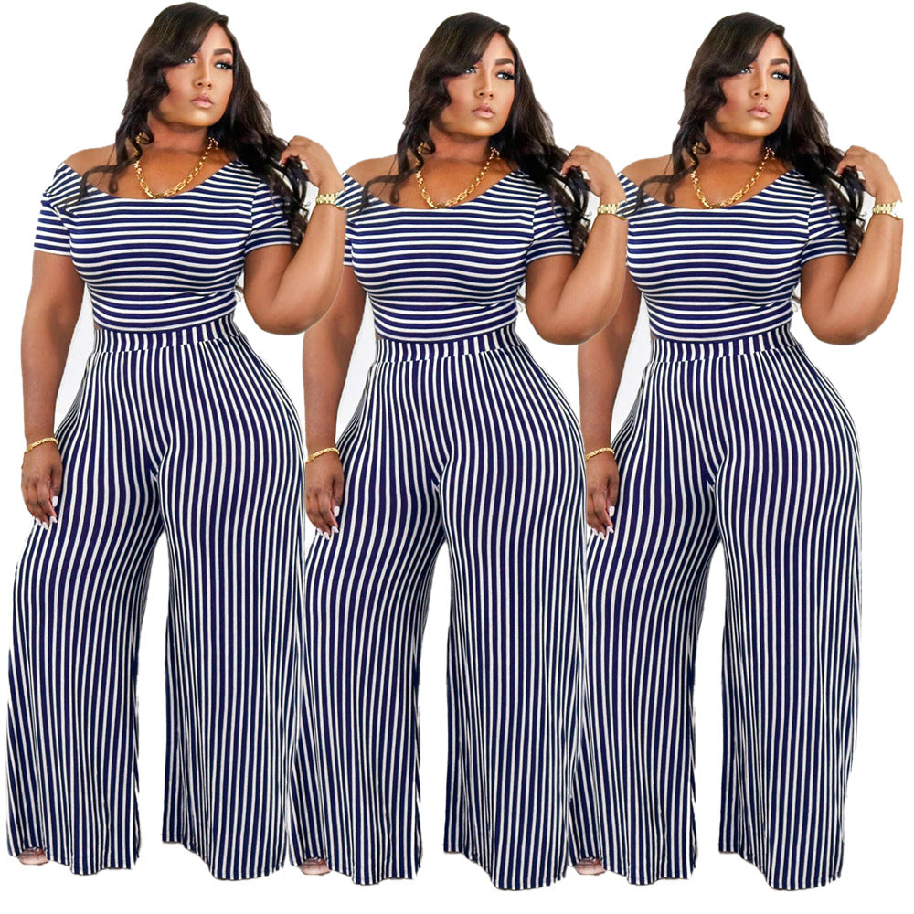 Womens Striped Printed Wide-Neck Short-Sleeve Fashionable Loose Casual Set