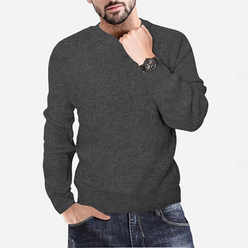 New Men's Knitting Round Neck Pullover Waffle Solid Casual