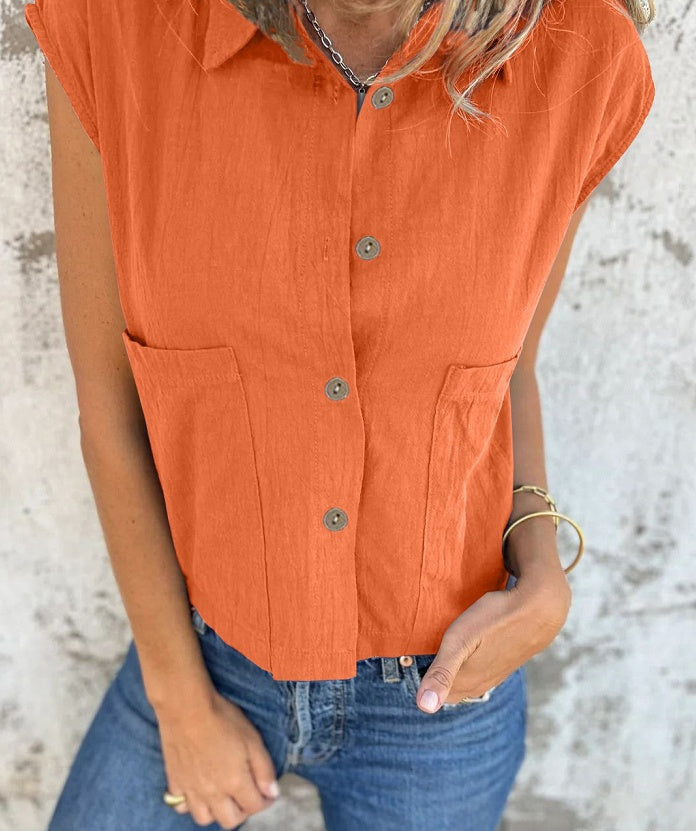 Casual Loose Short Sleeves Button Pocket Cotton Linen Shirt Women