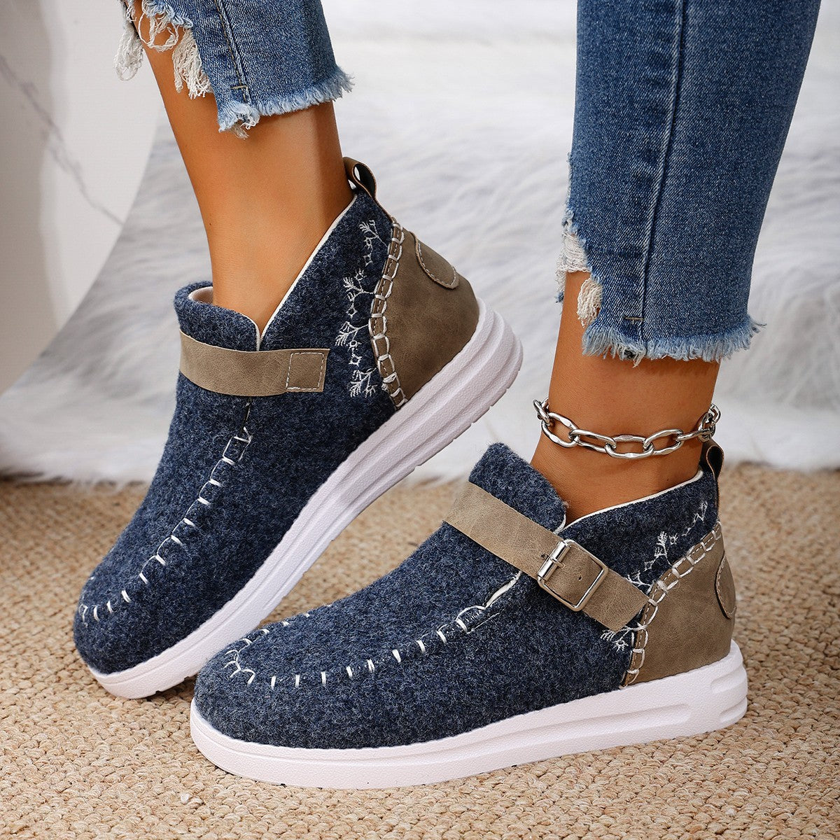 Thick Burr Warm Flat Bottom Cotton Shoes
