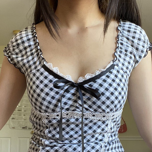 Plaid Lace Knitted Bow Slim Fit Sleeveless T-shirt