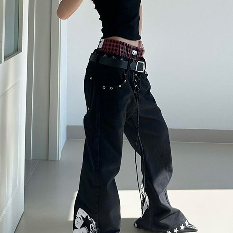 Retro Drawstring Babe Color-blocking Double Waistband Patchwork Print Curved Pants