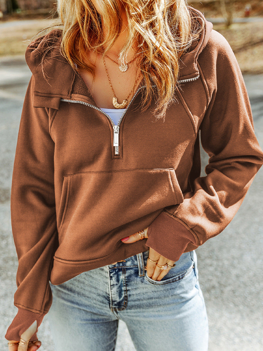 Women's Fashion Casual Solid Color Hooded Zipper Collar Long Sleeve Top
