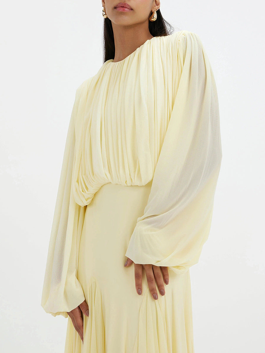 Pleated Patchwork Waist-cinching Long Dress