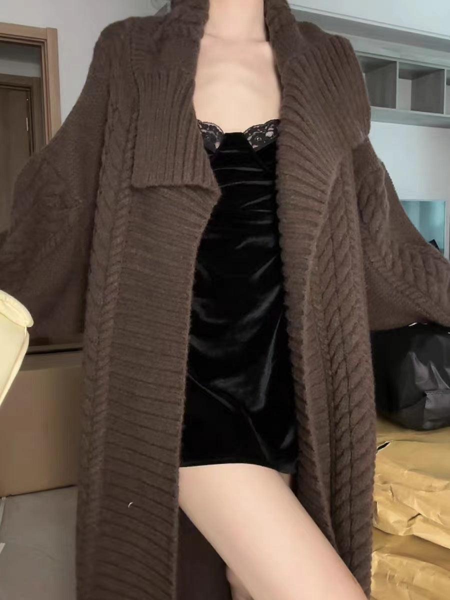 Design Mid-length Large Lapel Idle Style Knitted Cardigan Sweater