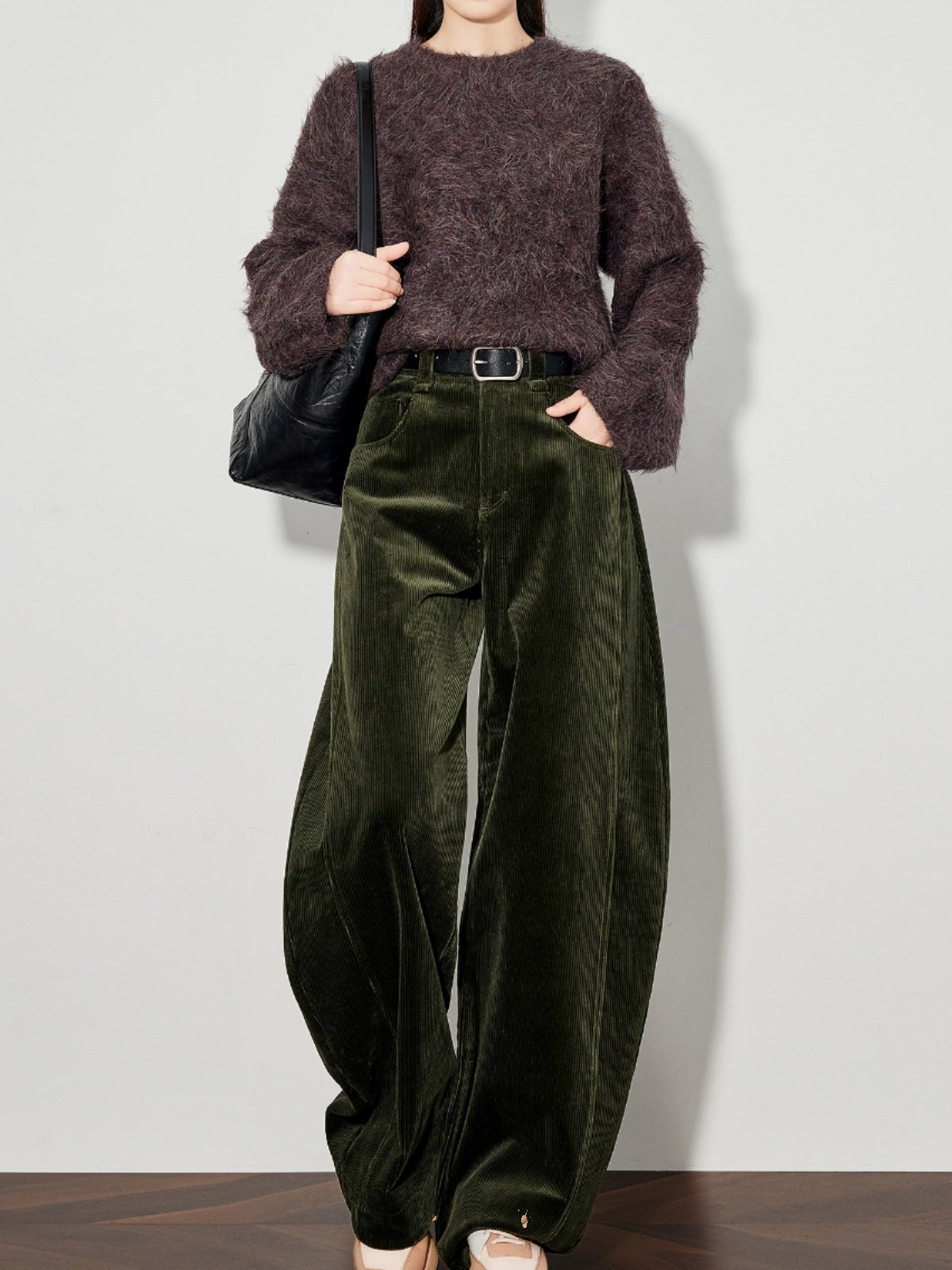 Womens Green Corduroy Casual Pants Wide-leg Style
