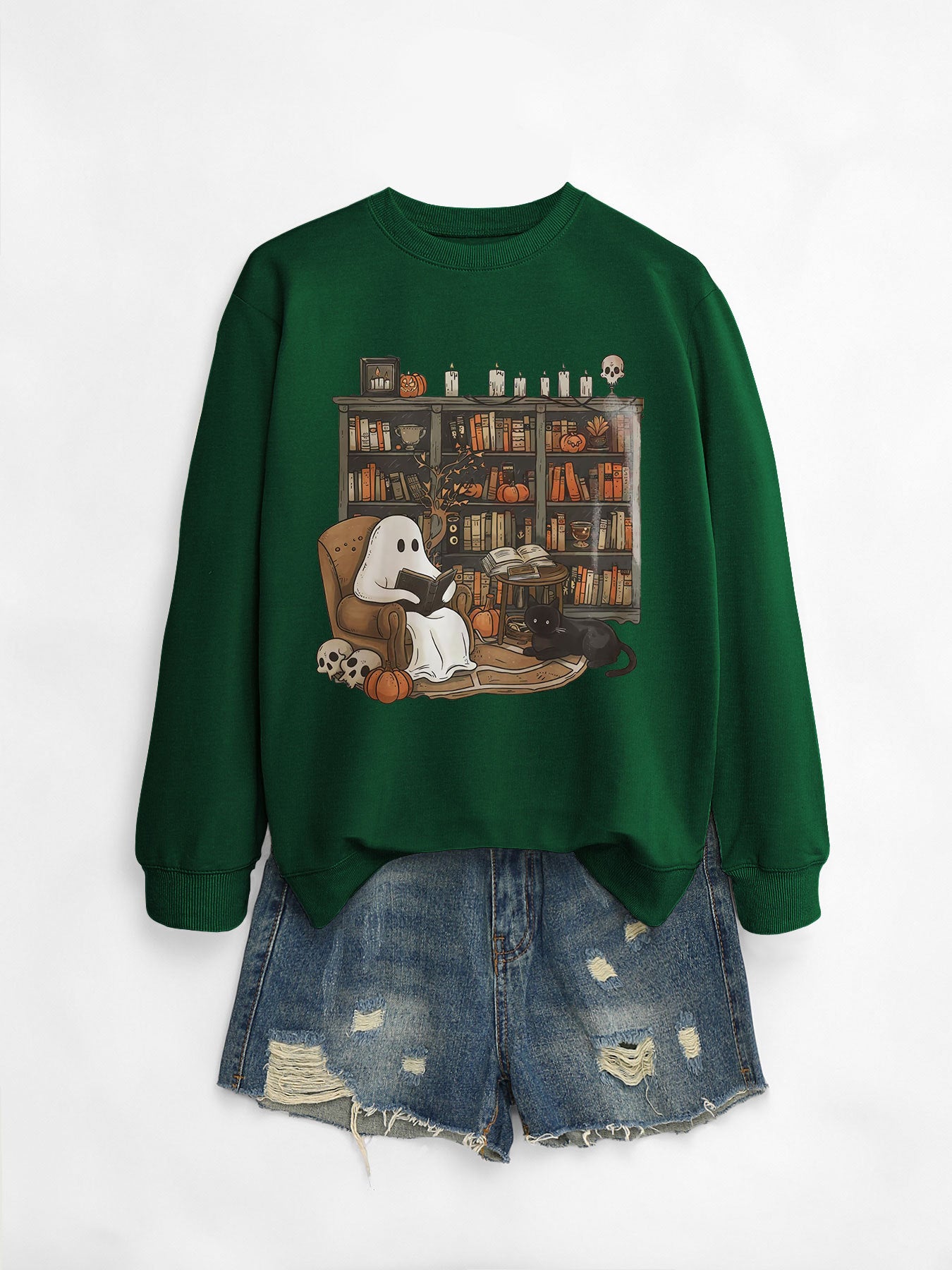 Printed Bookshelf Ghost Black Cat Round Neck Sweater