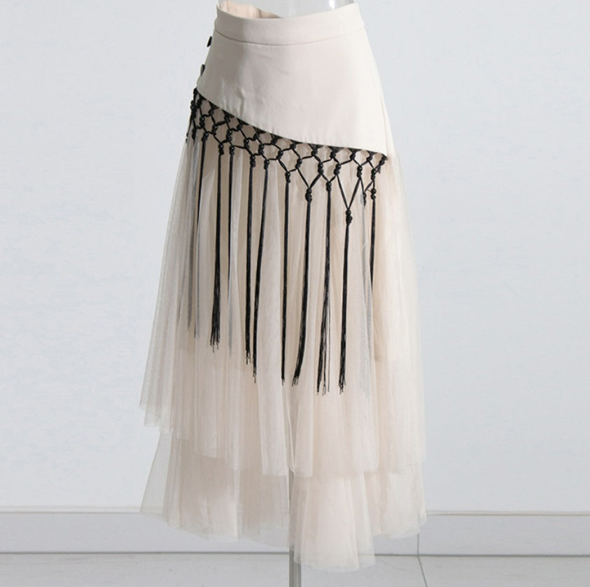 Retro Machine Embroidery Mid-high Waist Buckle Mesh Stitching Skirt