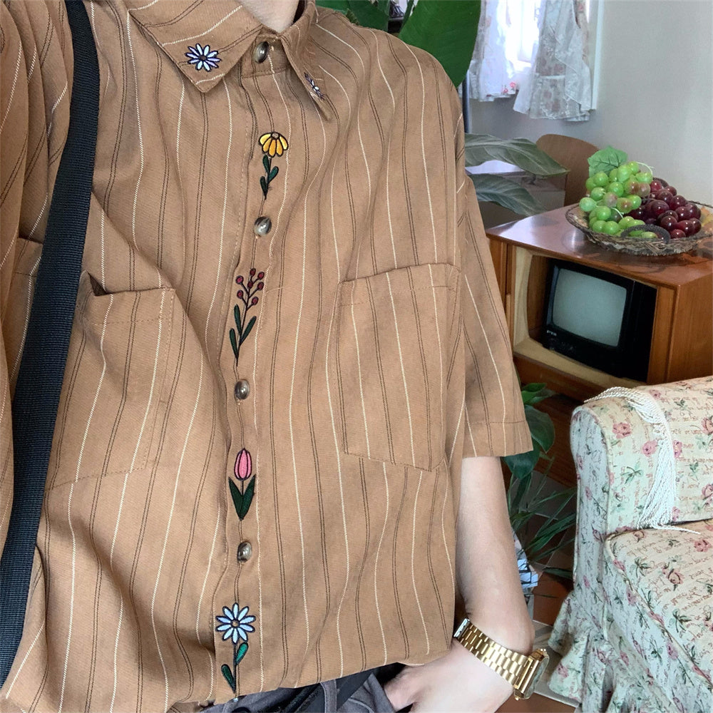 Vintage Broderet Kortærmet Skjorte med Lodrette Striber