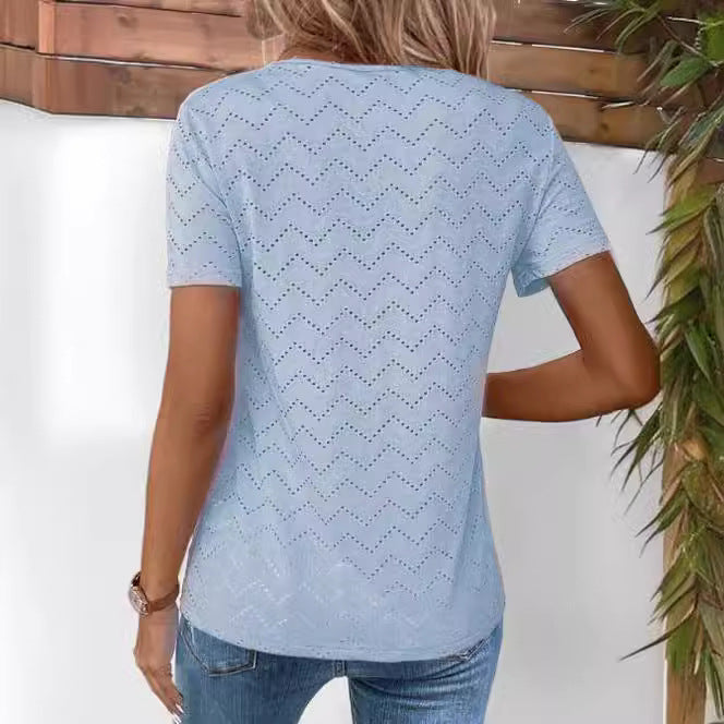 Women's Solid Color Hollow-out Pleated Fake Button Round Neck T-shirt