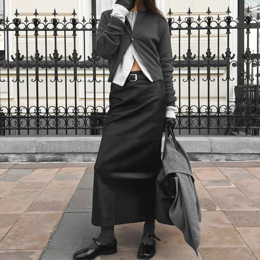 French Commuter Black PU Leather Skirt High-grade Split Straight Skirt