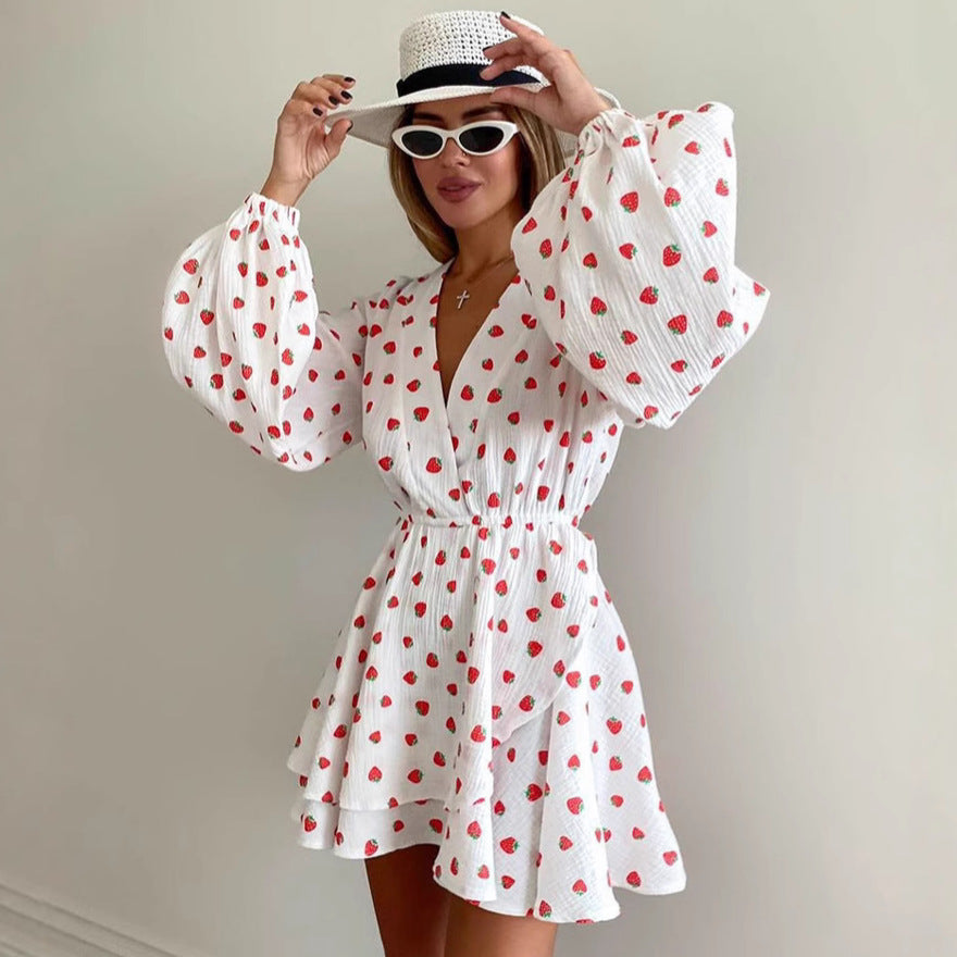 New Strawberry-Print V-Neck Lantern-Sleeve Dress