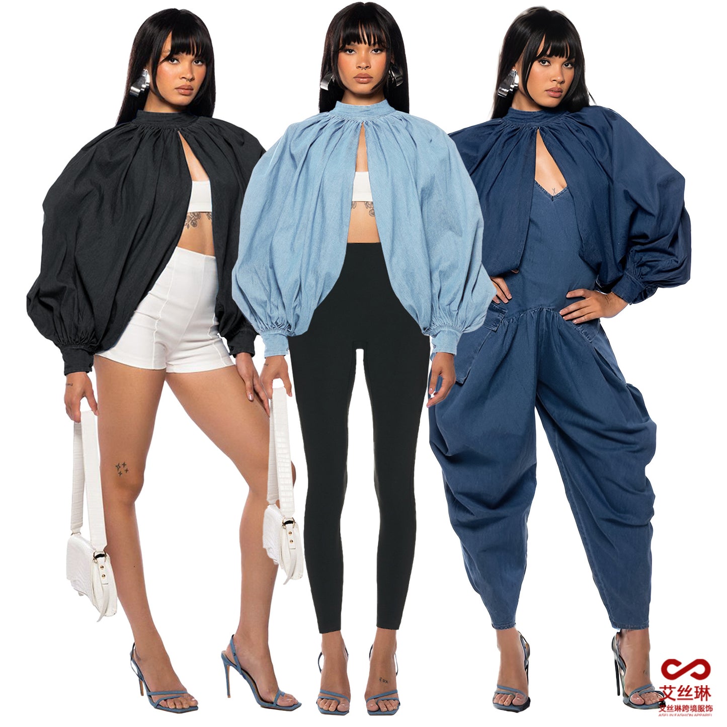 Fashion Denim Button Bat Sleeve Backless Cardigan Top