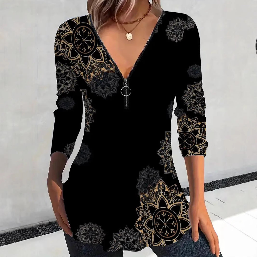 V-neck Zipper Floral Print Long Sleeve Women's Top
