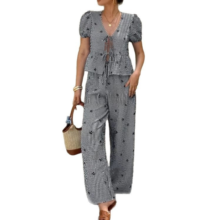 Womens Striped Front-Placket Puff-Sleeve Shirt And Pants Set