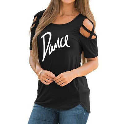 New Solid Color Short Sleeve Ripped Shoulder Lace-up