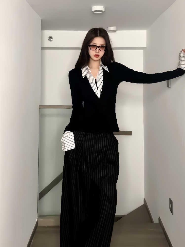 Fake Two-piece Polo Collar Top Women's Slim Shirt