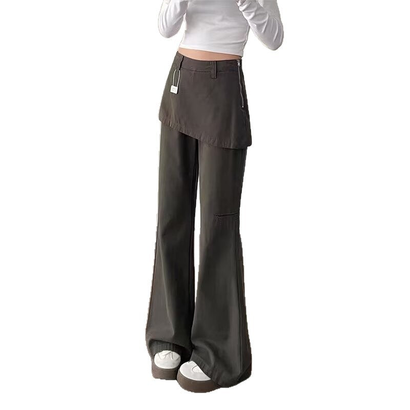 Womens Retro High Waisted Casual Loose Fake Two Piece Flared Cargo Pants
