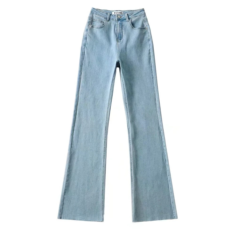 Højtaljede Flared Denim Bukser med Rå Kant Trendy Dametøj