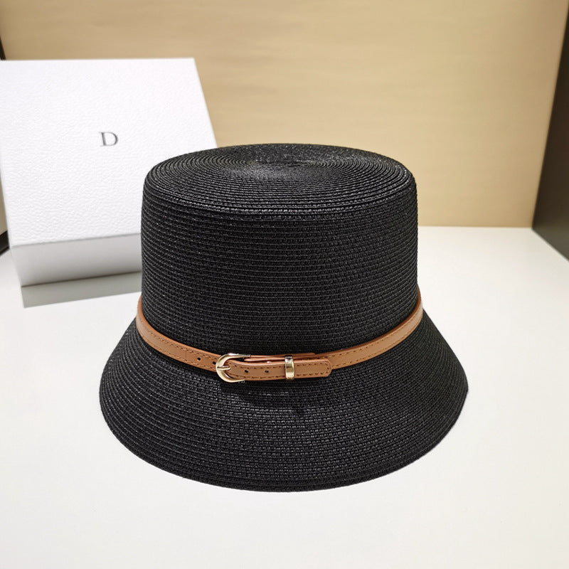 Straw Breathable Flat Top Hat With Belt Buckle