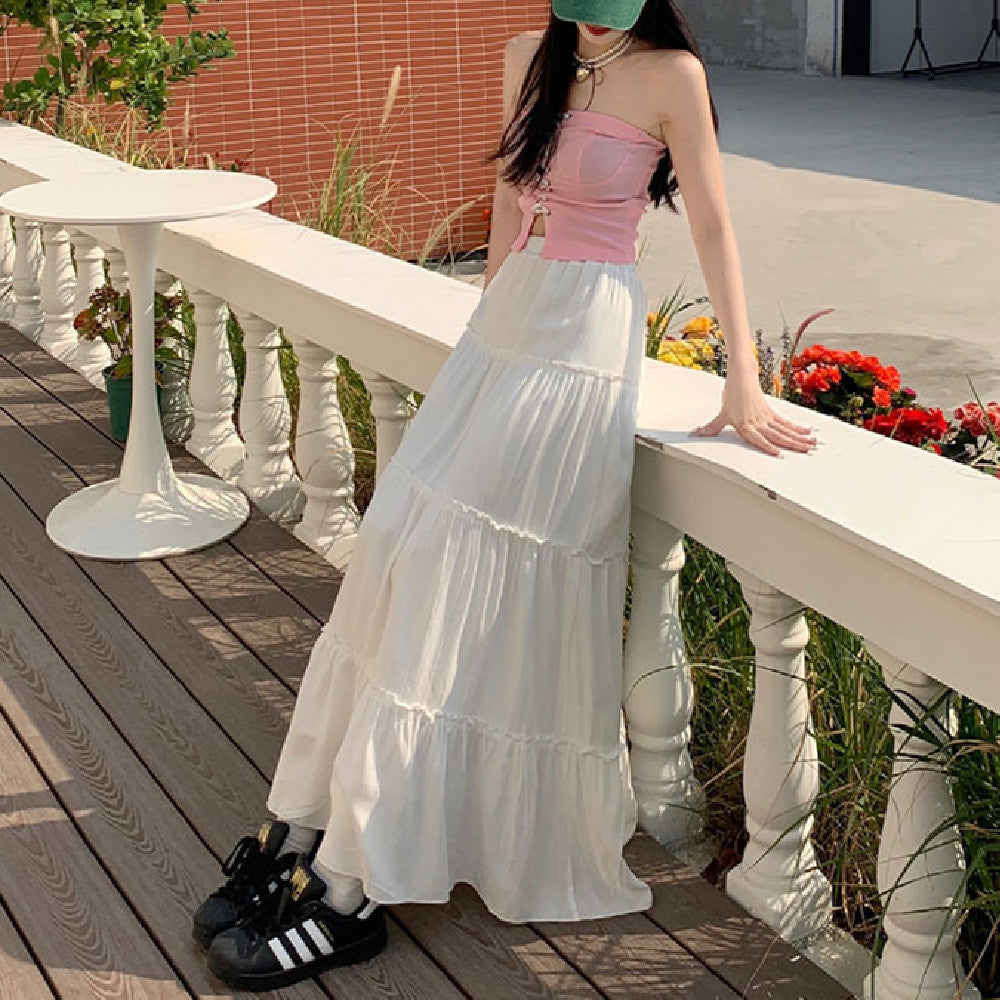 Women's Summer High Waist Elastic Waist Pleated Casual Mid-length Skirt