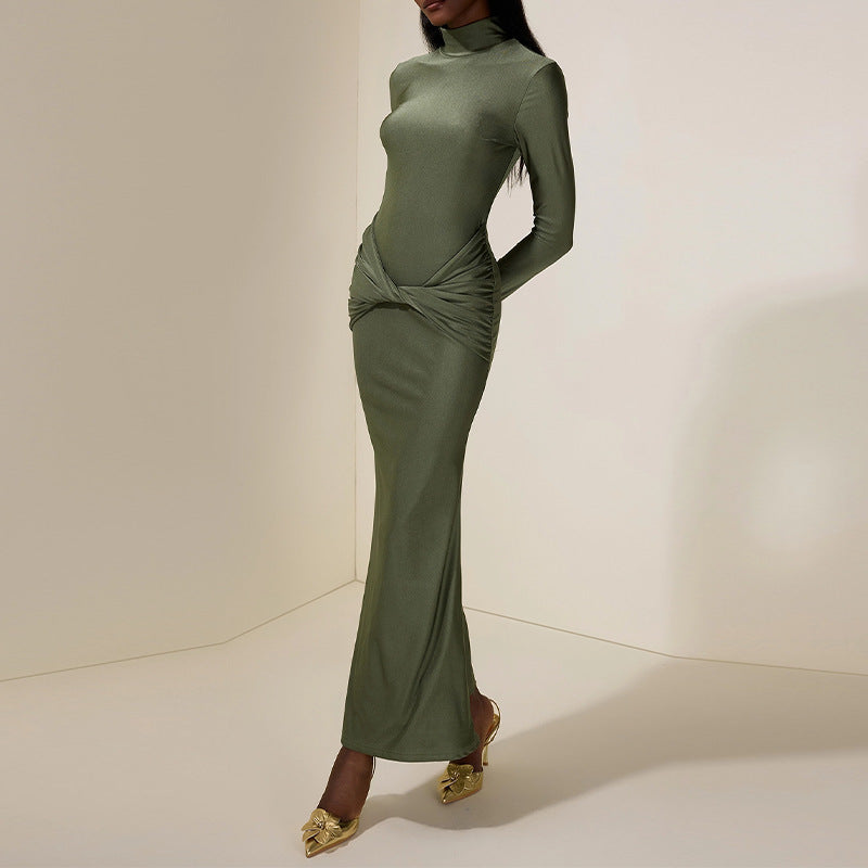 Womens High-neck Green Pleated Sheath Long-sleeve Dress