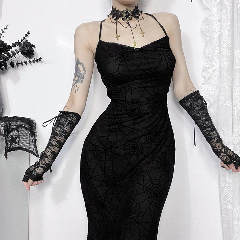 Dark Sensual Spiderweb Backless Dress With A Halter Neckline