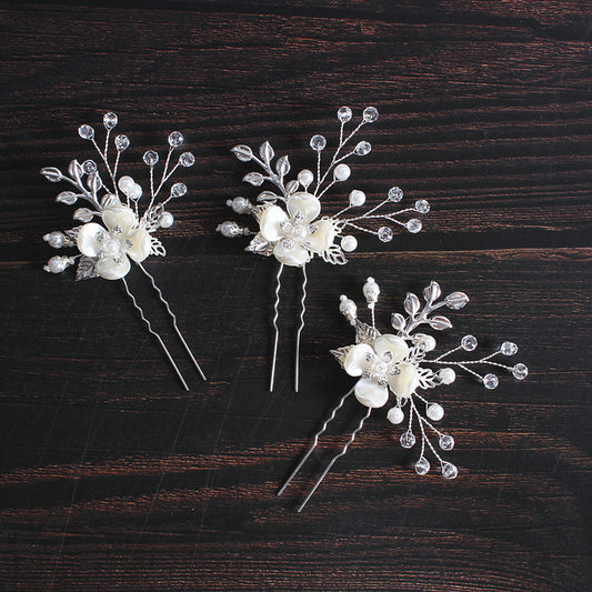 Korean Style Bridal Headdress Pearl Flower Leaf Fork