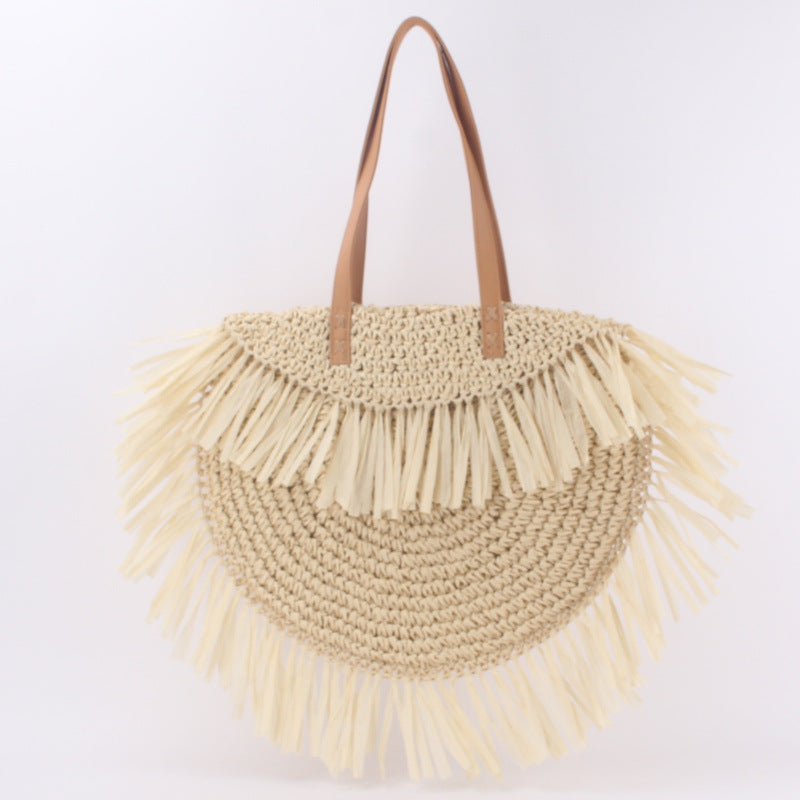 New Semi-circular Tassel Straw Shoulder Bag With Tassels And Paper Trim