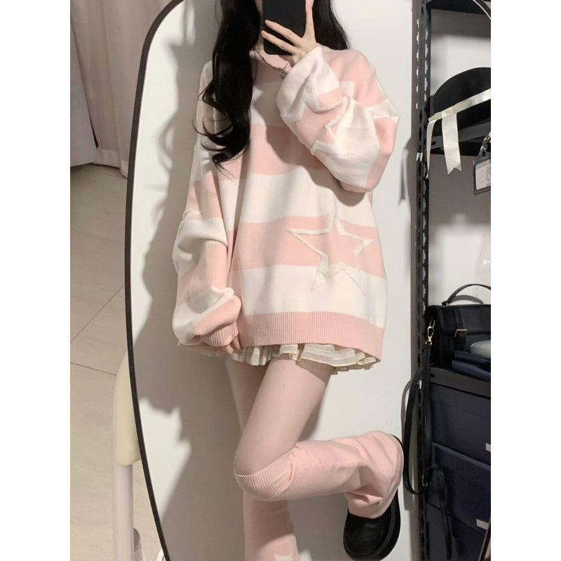 College Style Sweet Cute Stripes XINGX Sweater