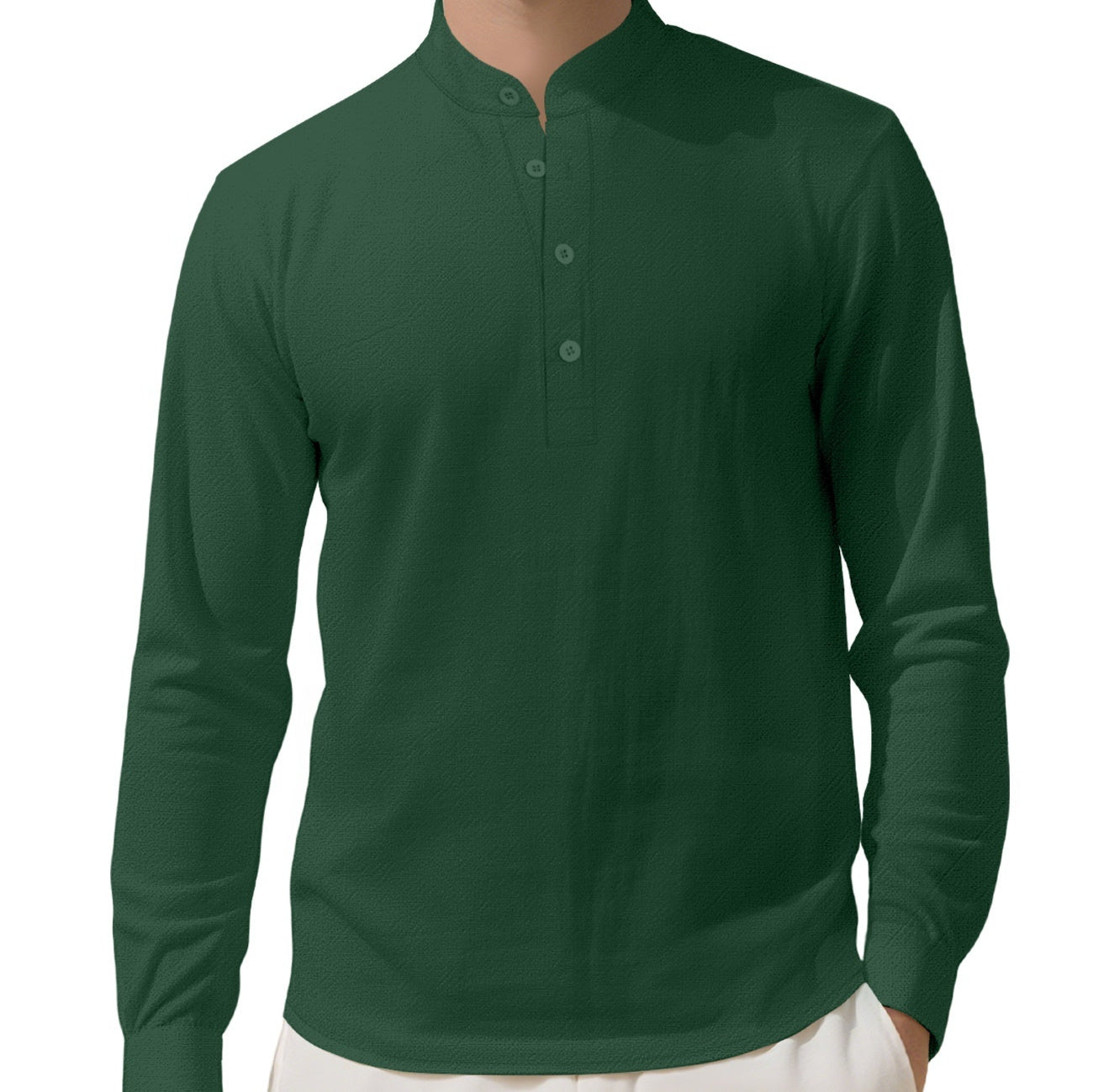 Men's Loose Linen Solid Color Long Sleeve Stand Collar Shirt