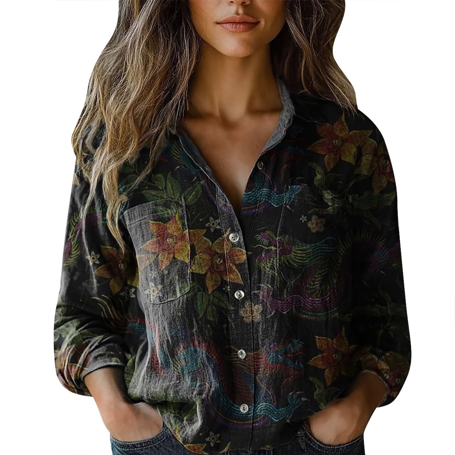Womens V-neck Printed Blouseshirt