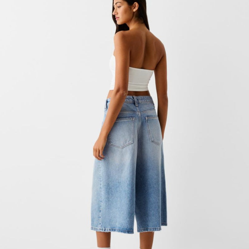 Løse cropped denim bukser med lav talje