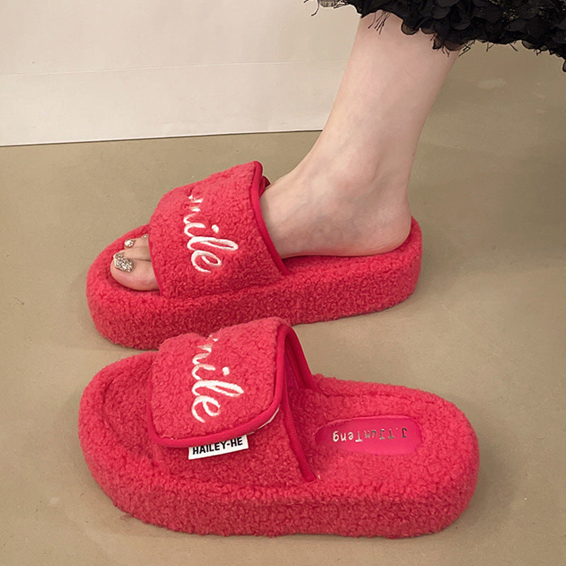NEW Velcro Letters Thick Bottom Fluffy Slippers Women's Outer Wear