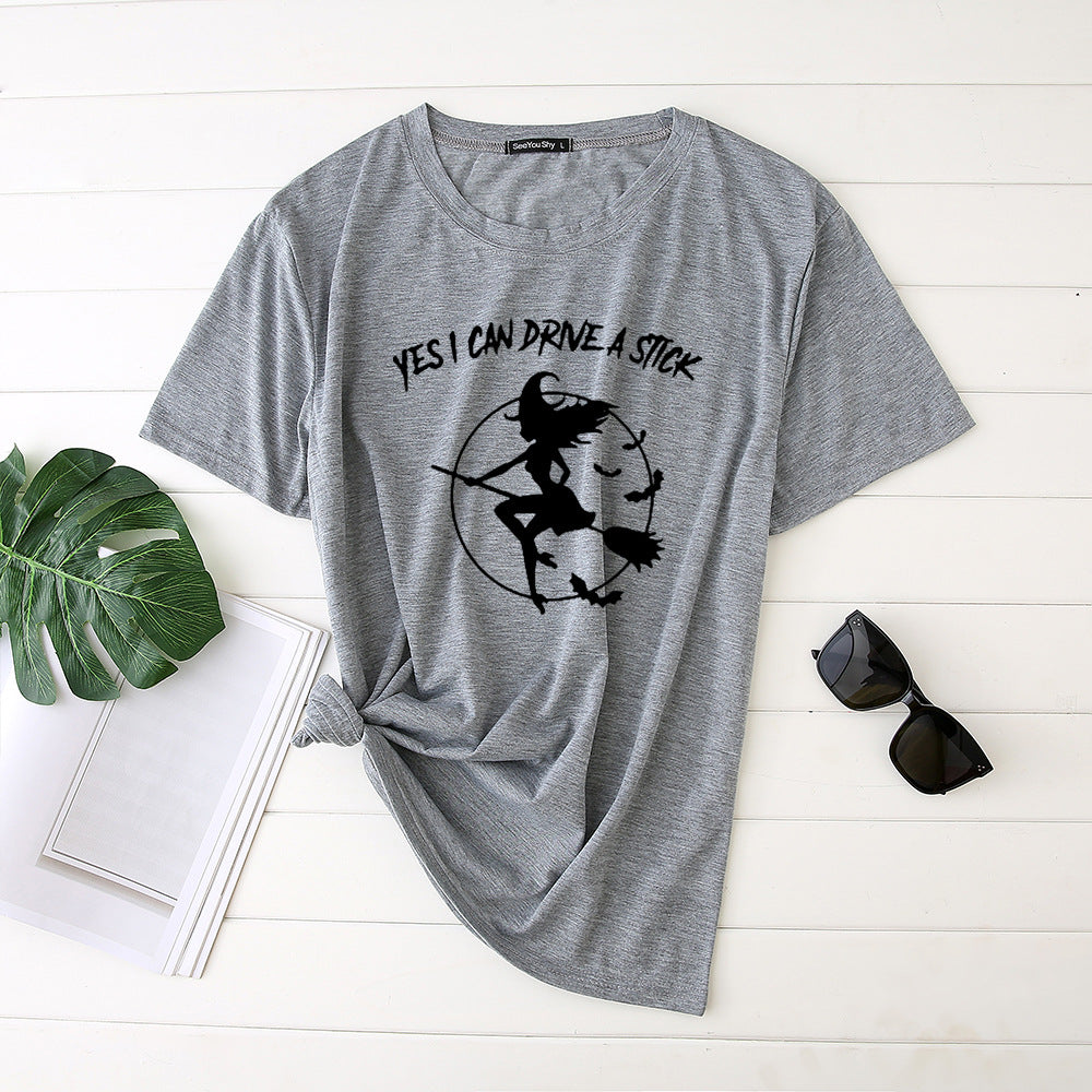 Flying Witch Print Crew Neck Short Sleeve T-Shirt
