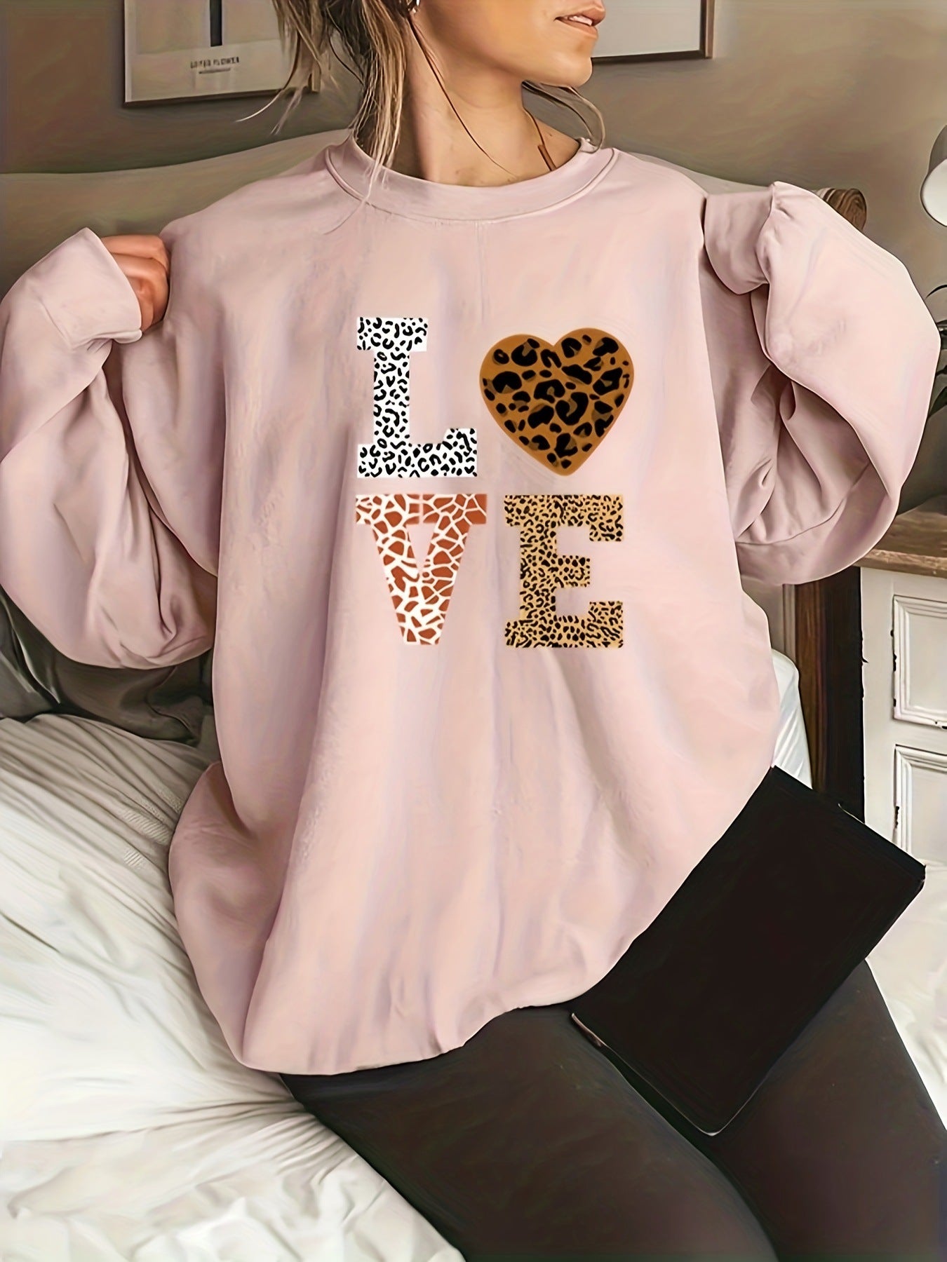 Rundhalset Leopardprint Kærlighed Plus Size Trøje Til Piger