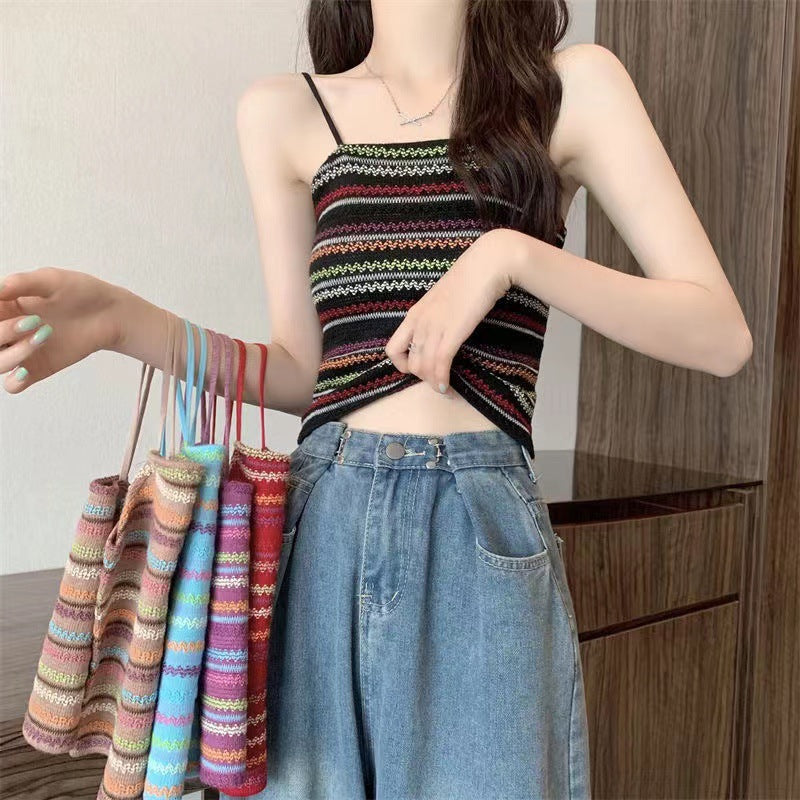 Colorful Striped Knitted Small Suspender Women's Vest